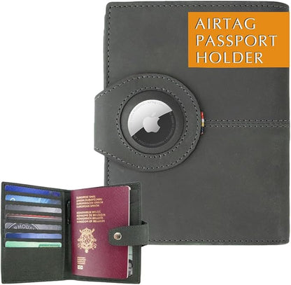 GARZINI Passport Holder with AirTag, Passport Wallet with RFID, Travel Accessories, Travel Document Holder with ID Window, Leather Passport Holder for 7 Cards, Carbon Black