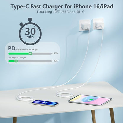 10FT for iPhone 17 16 15 Original Charger Fast Charging, Long USB C to C Charger Cable Cord with 20W Type C Fast Charger Block for iPhone 17 Pro Max/17Pro/16e/16 Pro/16 Plus/15/15 Pro max,iPad 2Pack