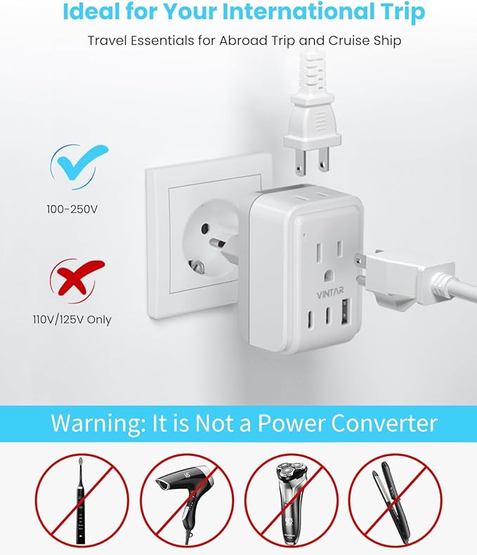 Universal Travel Adapter Kit, VINTAR International Plug Adapter with 3 USB Ports(2 USB C, 3.4A) and 2 American Outlets, Type A,C,G,I Detachable Attachments, Adapter for US/Japan/Europe/UK/AUS