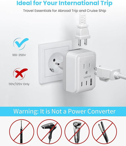 Universal Travel Adapter Kit, VINTAR International Plug Adapter with 3 USB Ports(2 USB C, 3.4A) and 2 American Outlets, Type A,C,G,I Detachable Attachments, Adapter for US/Japan/Europe/UK/AUS