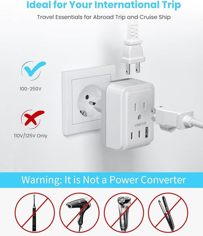 VINTAR Universal Travel Adapter Kit, International Power Adapter with 3 USB Ports(2 USB C) and 2 AC, Type A,B,C,D,E/F,G,I,M Detachable Attachments, Adapter for India/South Africa/Europe/UK