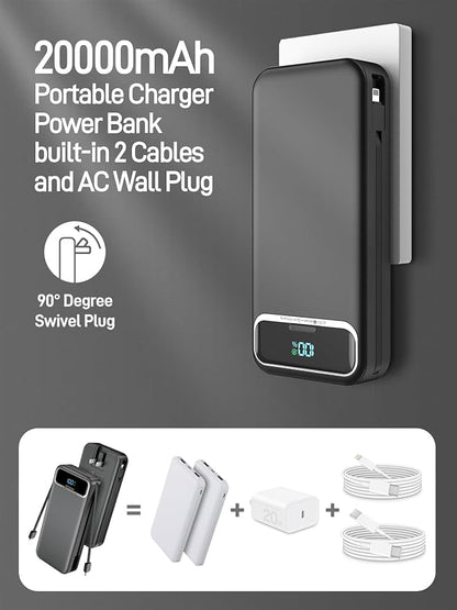 Portable Charger Power Bank with Built in Cables and AC Wall Plug,PD20W&SCP22.5W USB-C Super Fast Charging,20000mAh Travel Phone Charging,LED Display Battery Pack Compatible All iPhone Samsung etc