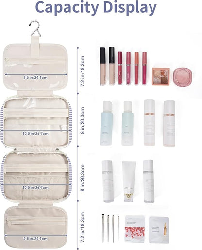 Narwey Striped Hanging Toiletry Bag for Women Travel Makeup Bag Organizer Toiletries Bag for Travel Size Essentials Accessories Cosmetics (Greyish Blue Stripe (Medium))