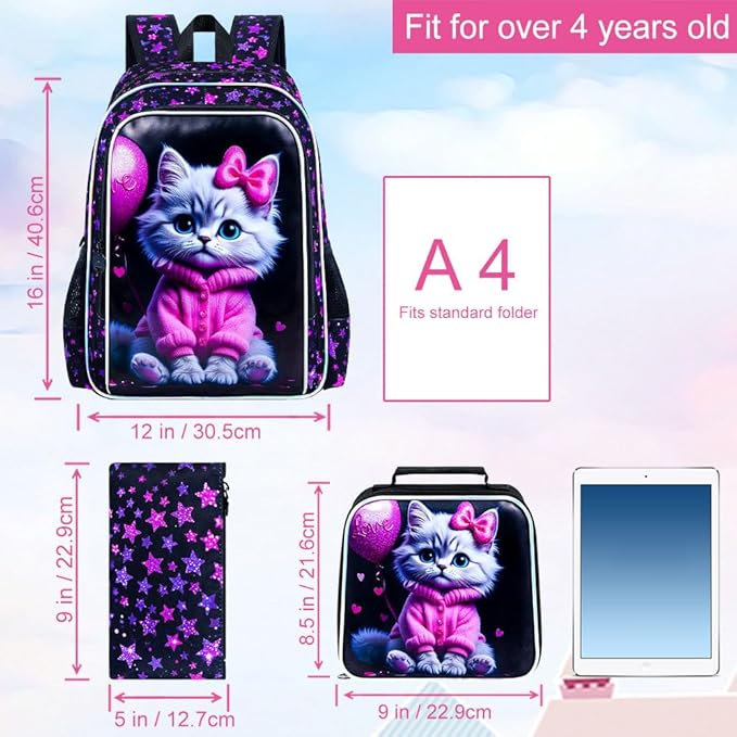 WZLVO 3PCS Girls Cat Bookbag Set, 16" Glittery UV Printing Kids Backpack/School Bag with Lunch Box & Pencil Bag for Preschool to Elementary - Pink Well-Behaved Cat