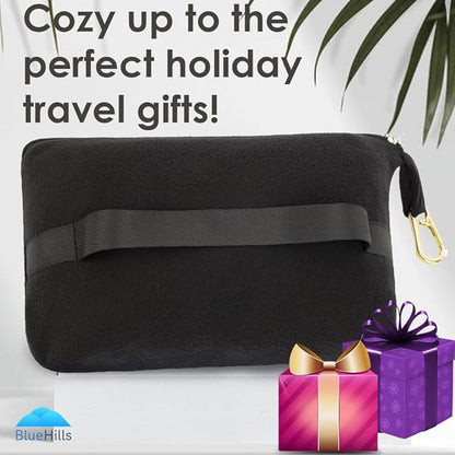BlueHills Travel Blanket Pillow Compact Lightweight Pocket Size Airplane Traveling Essential Flight Trip Throw in Bag Portable Case Plane Accessory Black L05