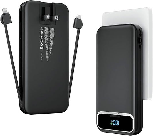 12000mAh Lightweight-Portable-Charger-Power-Bank with Built-in Cables and AC Wall Plug, PD20W USB-C Fast Charging Battery Pack, LED Display External Travel Phone Charger for All iPhone,Samsung,Android