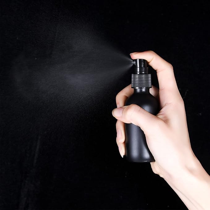 2oz Glass Spray Bottle, Fine Mist Boston Glass Bottles with Black Fine Mist Sprayer Small Clear Bottles for Essential Oils, Bath, Beauty, Hair & Cleaning, Black, Pack of 24