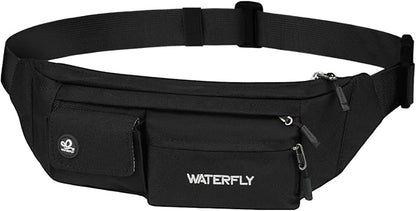 WATERFLY Small Crossbody Fanny Pack: 5 Pocket Slim Lightweight Waist Belt Hip Bag for Women Men Water Resistant Chest Pouch for Travel Hiking Running Walking Fit All Phones - Black