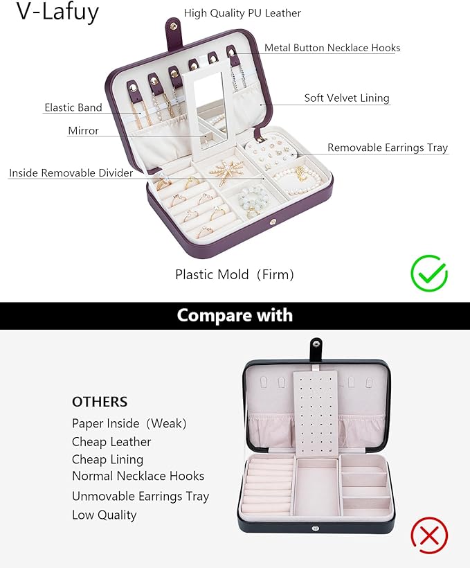 2-Layer Travel Jewelry Box for Women, Portable Jewelry Organizer with Mirror & Removable Dividers, PU Leather Jewelry Case – Gift for Wife, Mom, Girlfriend (Burgundy White)