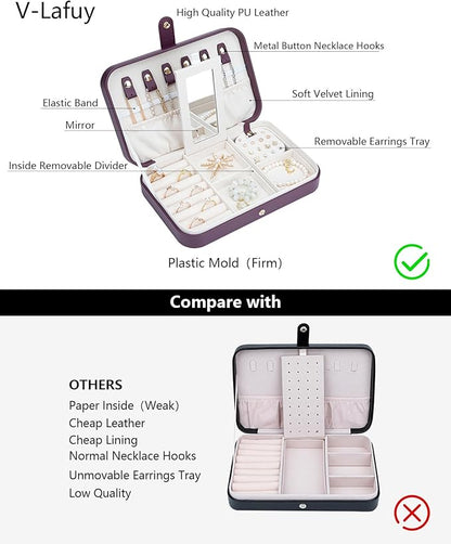 2-Layer Travel Jewelry Box for Women, Portable Jewelry Organizer with Mirror & Removable Dividers, PU Leather Jewelry Case – Gift for Wife, Mom, Girlfriend (Burgundy White)