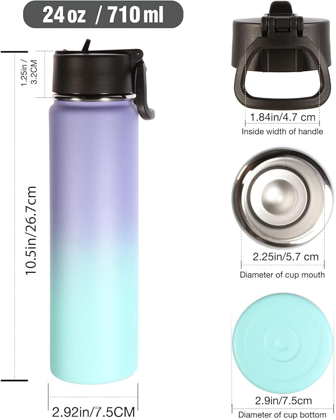 Volhoply 24oz Insulated Water Bottle With Straw Bulk 3 Pack,Metal Wide Mouth Water Bottles With Handle Keep Cold,Reusable Double Wall Cups,Powder Coated Sport Bottle For Holder(Purple Blue,3 Count)