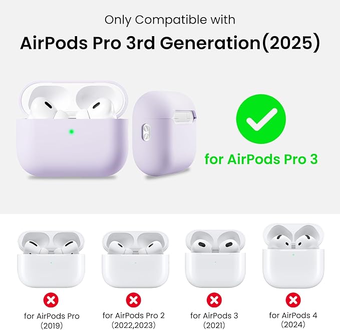 ORNARTO Compatible with AirPods Pro 3 Case 2025, Full Protective Hybrid Silicone for AirPods Pro 3rd Generation Case, Front LED Visible Skin Cover-Pastel Lilac