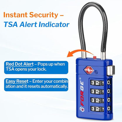 Forge TSA Approved Luggage Locks 4 Digit Combination TSA Travel Locks with TSA008, Open Alert Indicator, Zinc Alloy Body for Luggage, Suitcase, Backpack, and More. Blue 4 Locks.