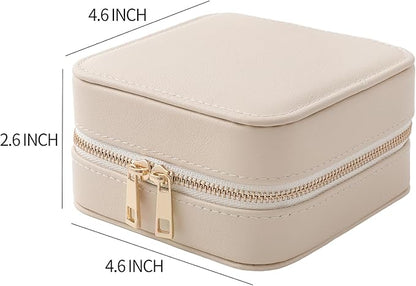 Genuine Leather Travel Jewelry Organizer Case with Mirror for Women, Small Mini Portable Jewelry Box for Ring Earrings Necklace Bracelet Luxury Gift for Women（Beige）