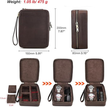 CONTACTS Full Grain Leather Watch and Glasses Case for Men Travel Jewelry Organizer for 2 Watches and Watch Straps or 1 Sunglasses Holder