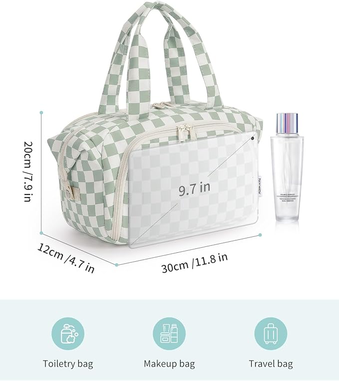 Narwey Travel Toiletry Bag, Wide-open Large Toiletry Bags for Traveling Women, Checkered Travel Bag for Toiletries Cosmetic Makeup Bag Organizer, Skincare Make Up Bag (Mint Green Checkerboard)