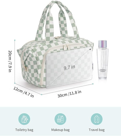 Narwey Travel Toiletry Bag, Wide-open Large Toiletry Bags for Traveling Women, Checkered Travel Bag for Toiletries Cosmetic Makeup Bag Organizer, Skincare Make Up Bag (Mint Green Checkerboard)
