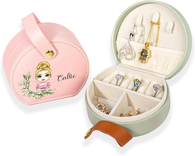 callie Personalized Travel Jewelry Case, Custom Cartoon Character Birth Flower Name on Leather Travel Jewelry Organizer, Birthday Gifts Bridesmaid Gifts for Women Girlfriend
