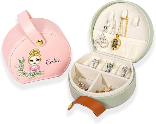 callie Personalized Travel Jewelry Case, Custom Cartoon Character Birth Flower Name on Leather Travel Jewelry Organizer, Birthday Gifts Bridesmaid Gifts for Women Girlfriend