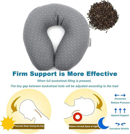 Buckwheat U-Shaped Neck Pillow Adjustable Buckwheat Hull Pillow with Pillowcase, Neck Support and Shoulder Relax Cervical Pillow (12x12 inch, Grey)