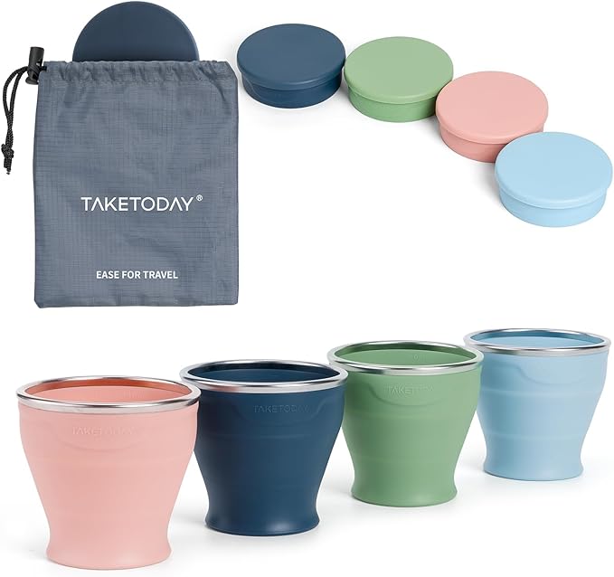 TakeToday 4PCS Collapsible Travel Cup - Silicone Foldable Water Cup, BPA-Free with Lid & Waterproof Bag - Drinking Cup Set for Camping, Outdoors & International Travel