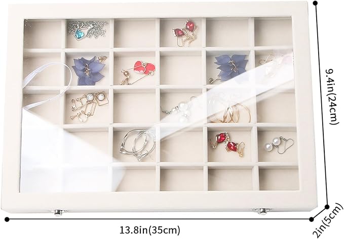Stratalife Jewelry Organizer Jewelry Tray with Lid See-through Display Showcase Large Earring Organizer Velvet Storage Box for Earring Necklace Rings Dice Beige (24 Grids)