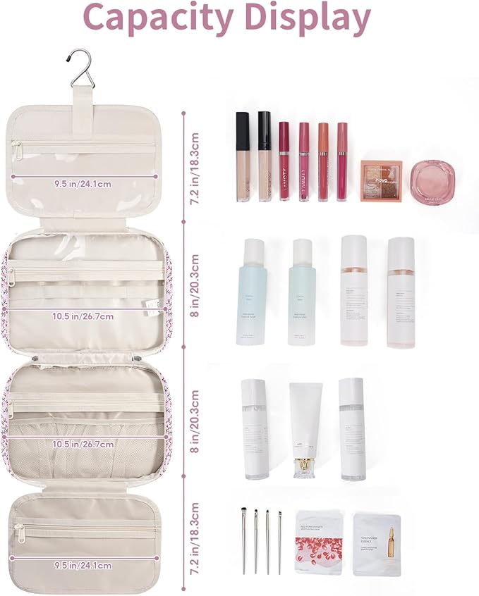 Narwey Hanging Toiletry Bag for Women Travel Makeup Bag Organizer Toiletries Bag for Travel Size Essentials Accessories Cosmetics (Green Leaves and Flower (Medium))