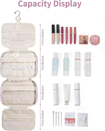 Narwey Hanging Toiletry Bag for Women Travel Makeup Bag Organizer Toiletries Bag for Travel Size Essentials Accessories Cosmetics (Green Leaves and Flower (Medium))