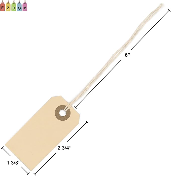 100 Small Manila Paper Tags with String - #1, 2 3/4” x 1 3/8” - Hang Shipping Labels with String Attached and Reinforced Hole, Pre-Strung Tags