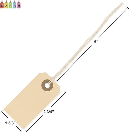 100 Small Manila Paper Tags with String - #1, 2 3/4” x 1 3/8” - Hang Shipping Labels with String Attached and Reinforced Hole, Pre-Strung Tags