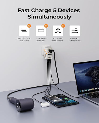 170W GaN Universal Travel Adapter, Worldwide All-in-One International Plug Power Adapter & Wall Charger with 3 USB-C & 1 USB-A (5A/28V) for Europe, USA, Japan, and Australia (Type C/A/G/I)