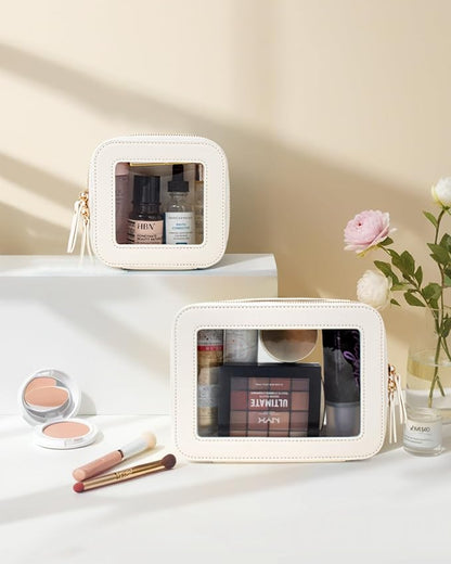 KOTORA Small Makeup Bag for Purse Cute Travel Makeup Bag Clear Cosmetic Bag with Zipper, Car Make Up Bag Organizer Storage Traveling Car Accessories Travel Essentials for Women (White)