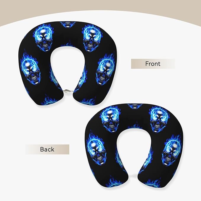 Neck Pillow Memory Foam Chin Cushion with Breathable Cover Blue Fire Skull, Cute Airplane Car Pillows for Office Head Pain Relief