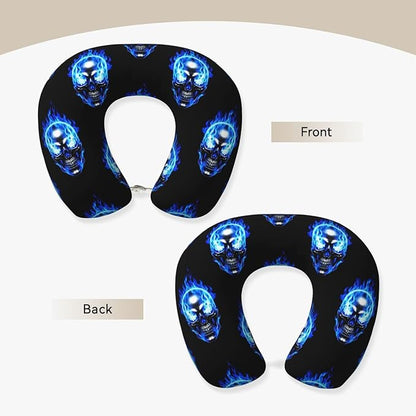 Neck Pillow Memory Foam Chin Cushion with Breathable Cover Blue Fire Skull, Cute Airplane Car Pillows for Office Head Pain Relief