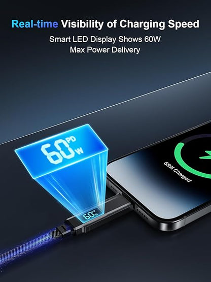 4 in 1 Charging Cable 60W, USB C Fast Charging iPhone Charger Cord Flat Braided Combo USB A/C to C/L Cable with LED Display,Multi Charging Cord for iPhone 16/15,MacBook,iPad,3FT