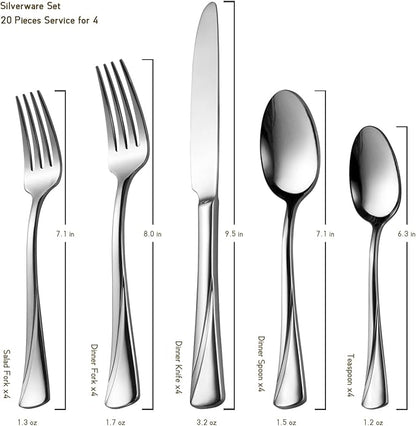 Alata Alice 20-Piece Silverware Set Stainless Steel Flatware Set,Service for 4,Mirror Polished Cutlery Set,Dishwasher Safe