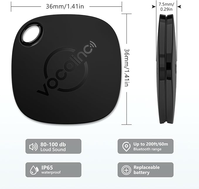 [Apple MFi Certified] VOCOlinc Air Tracker Tags 2 Pack Black, Item Finder Work with Apple Find My APP (iOS Only,Not for Android), Smart Locator for Key/Luggage Suitcases/Bag/Wallet,Replaceable Battery