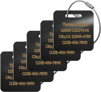 (5Pack Made in USA) Custom Personalized Luggage Tags-Customized Unique tag for Suitcase Backpack Travel,Bags (Black (2 × 2))