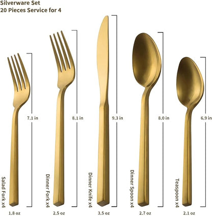 Alata Cube Gold 20-Piece Flatware Set, Forged Cutlery Set, Matte Gold Silverware Service for 4, Stainless Steel Tableware with Square Handle for Home/Restaurant, Dishwasher Safe