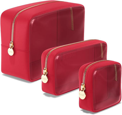 Clear Cosmetic Bags Set of 3, Mini Small Large Makeup Bags For Women Clear Pouch Cosmetics Cases Zipper Cute Pouches Make Up Travel Toiletry Essentials Preppy Purse Organizer Makeup Cases, Ruby