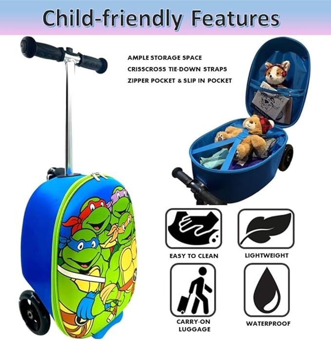 Fast Forward Kid’s Licensed 18" Ride-On Suitcase Scooter - Lightweight Carry-On Foldable Scooter Luggage