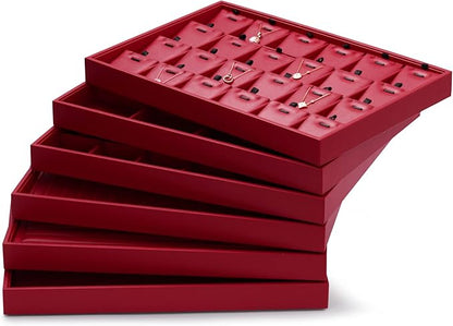 Oirlv Gorgeous Red Leather Jewelry Tray Necklace Bracelet Long Chain Storage Stackable Necklace Trays Jewelry Drawer Organizer
