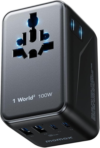 MOMAX 6-in-1 Universal Travel Adapter, GaN 100W International Power Adapter, 2 AC, 2 USB-C PD Fast Charging & 2 USB-A QC, All-in-one International Plug Adapter for Travel European UK AUS JP