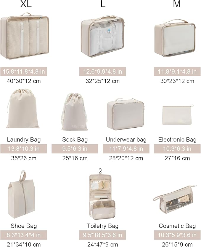 Travel Packing Cube Luggage Organizer - Travel Essential Accessory for Suitcase Lightweight Durable Toiletry Cosmetic Laundry Shoe Compression Carry on Storage Large Bag 10 set