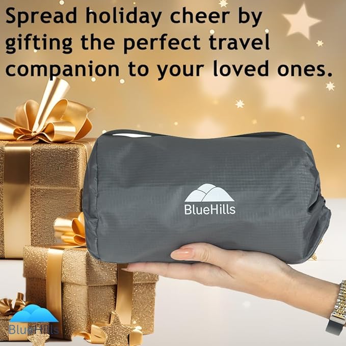 BlueHills Ultra Compact Travel Blanket Pillow in Portable Bag Case Soft 70 X 56 with Strap Backpack Clip Premium Cozy Soft Compact Pack Large Blanket for Airplane Flight Layover Grey - Gray C002