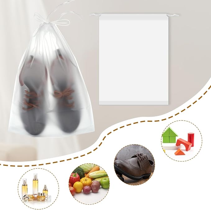 100 Pack Plastic Drawstring Bags Large Clear Shoe Bags for Storage Waterproof Dustproof Portable Shoe Storage with Rope for Packing,Men and Women, 15.7 x 11.8 inches