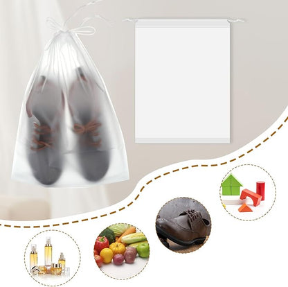 100 Pack Plastic Drawstring Bags Large Clear Shoe Bags for Storage Waterproof Dustproof Portable Shoe Storage with Rope for Packing,Men and Women, 15.7 x 11.8 inches