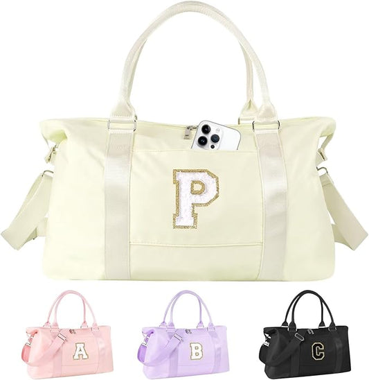 Dance Gym Duffel Bag for Teen Girls, Personalized Initial Travel Weekender Bag,Cute Overnight Carry On Duffle for Women,Sports Travel Cheer Bag,Monogram Christmas Gifts for Tween Preppy(beige-P)