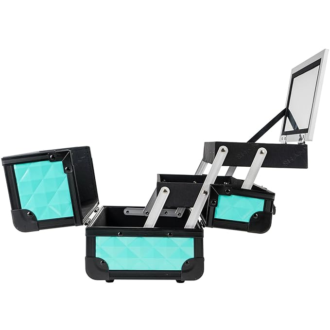 SHANY Chic Makeup Train Case Cosmetic Box Portable Makeup Case Cosmetics Beauty Organizer Jewelry storage with Locks, Multi trays Makeup Storage Box with Makeup Mirror - Turquoise