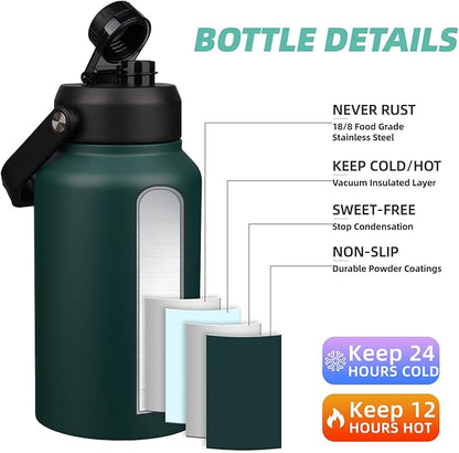 BJPKPK 87oz Insulated Water Bottle, Dishwasher Safe 2/3 Gallon Water Bottle with Ergonomic Handle, BPA Free Leak Proof Water Jug,Stainless Steel Metal Flasks with Anti-slip Bottom, Army Green